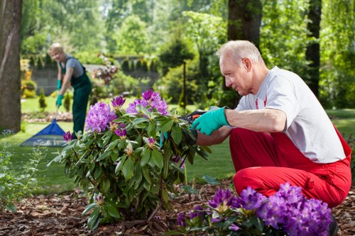 Worker wearing protective gear using a powered gardening tool